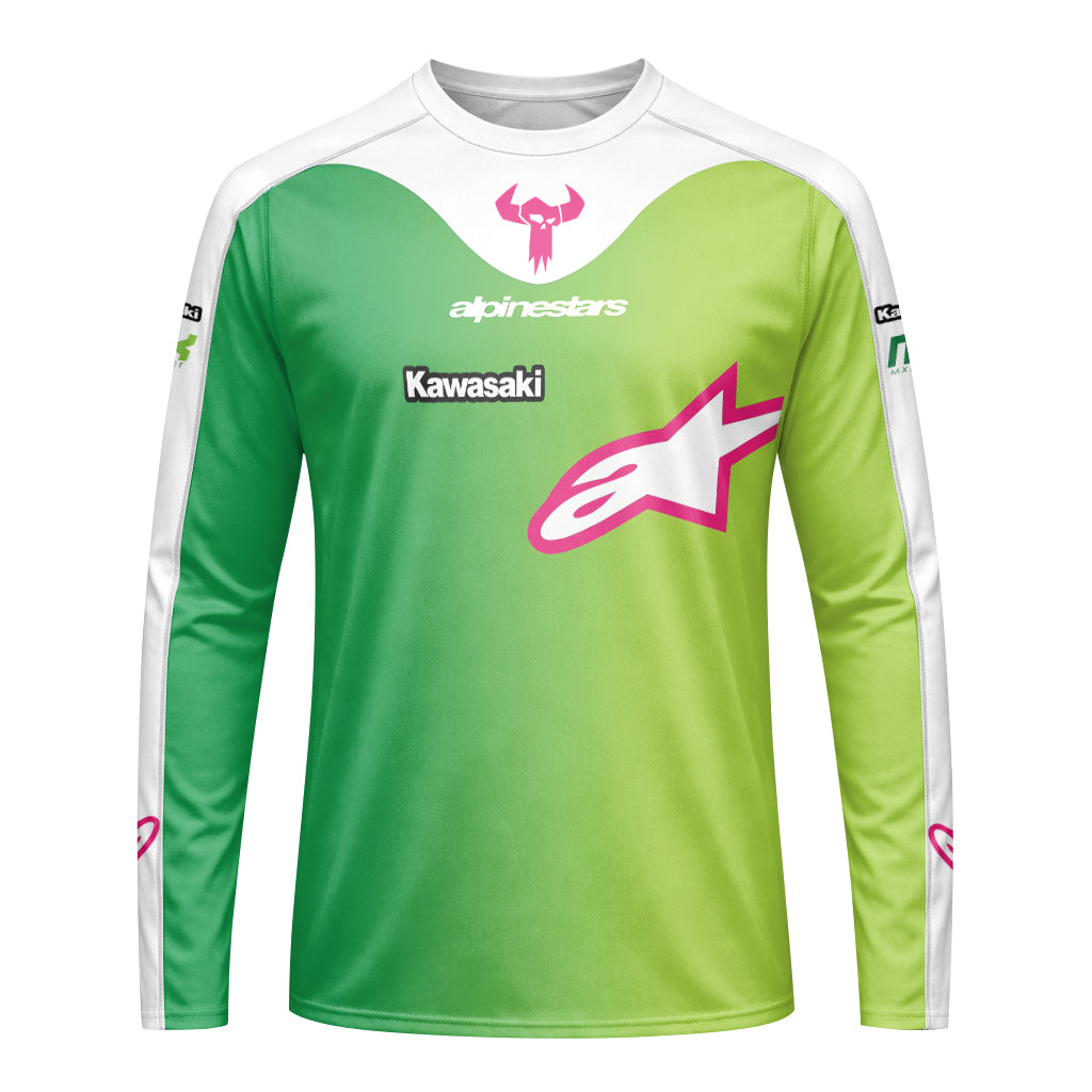 Chase Sexton 4 Kawasaki Green Pink Long Sleeve Motocross Jersey – Front View Mockup