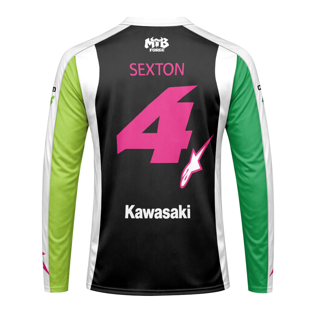 Chase Sexton 4 Kawasaki Green Pink Long Sleeve Motocross Jersey – Back View Mockup