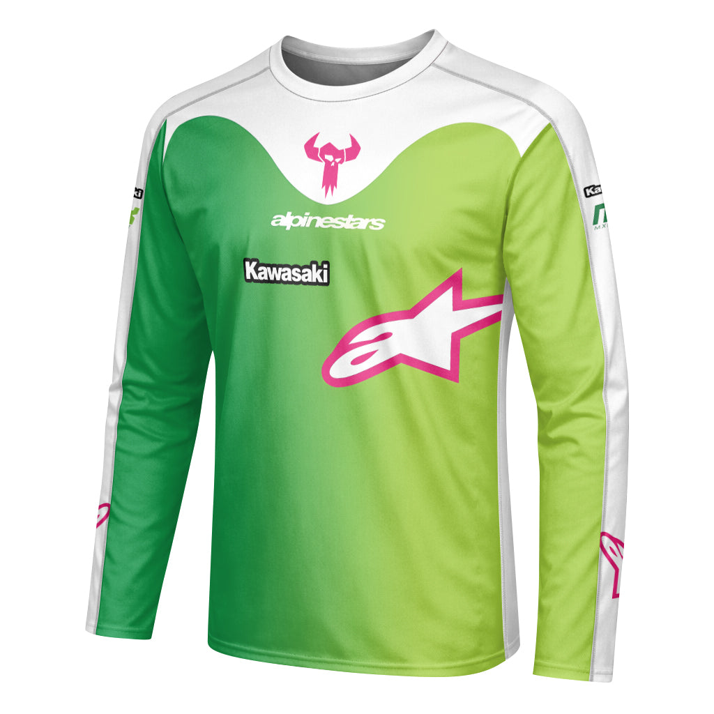Chase Sexton 4 Kawasaki Green Pink Long Sleeve Motocross Jersey – Left Side View Mockup