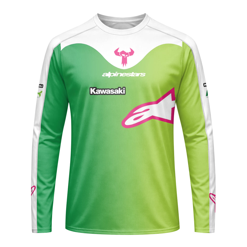 Chase Sexton 4 Kawasaki Green Pink Youth Long Sleeve Motocross Jersey – Front View Mockup