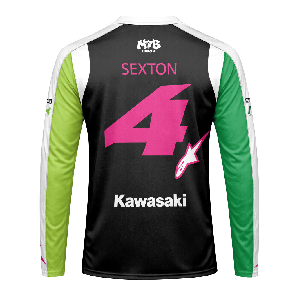 Chase Sexton 4 Kawasaki Green Pink Youth Long Sleeve Motocross Jersey – Back View Mockup