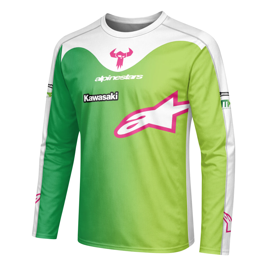 Chase Sexton 4 Kawasaki Green Pink Youth Long Sleeve Motocross Jersey – Left Side View Mockup