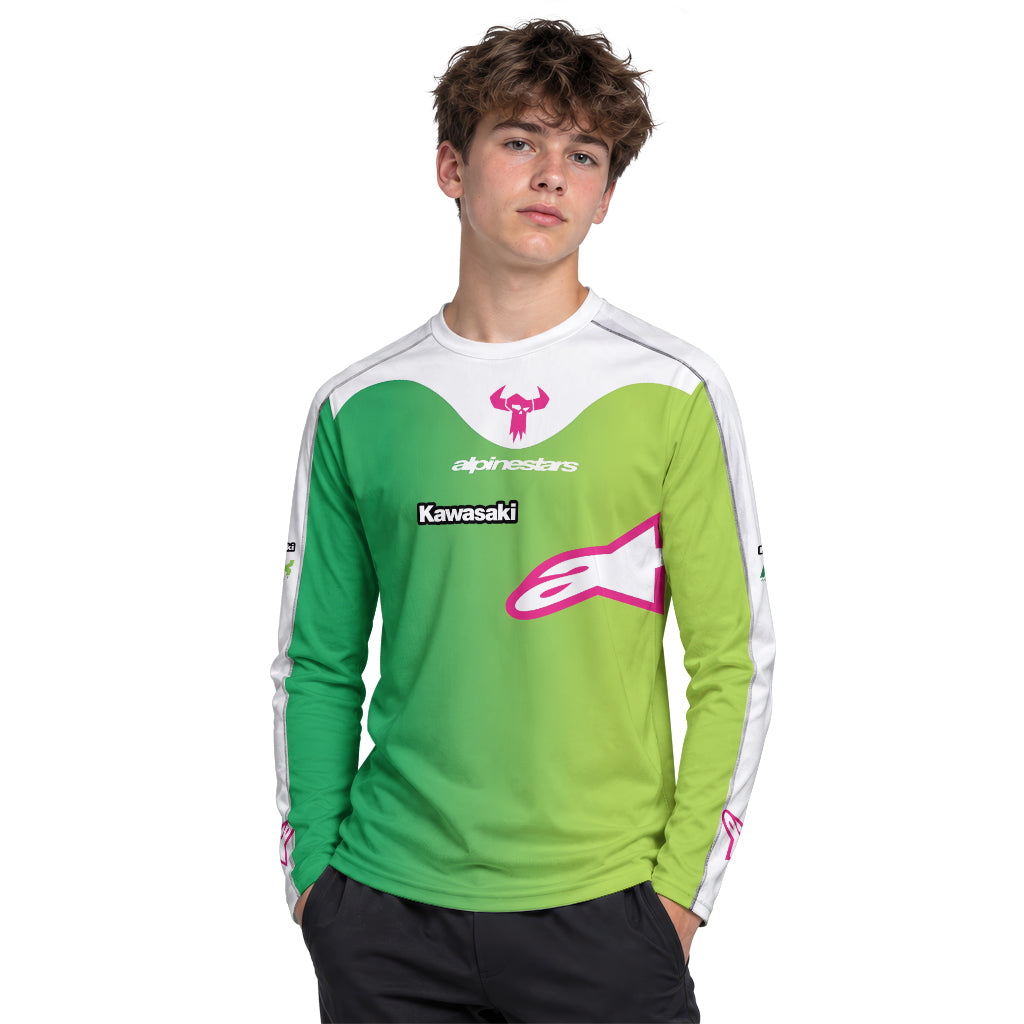 Chase Sexton 4 Kawasaki Green Pink Youth Long Sleeve Motocross Jersey – Boy Lifestyle View