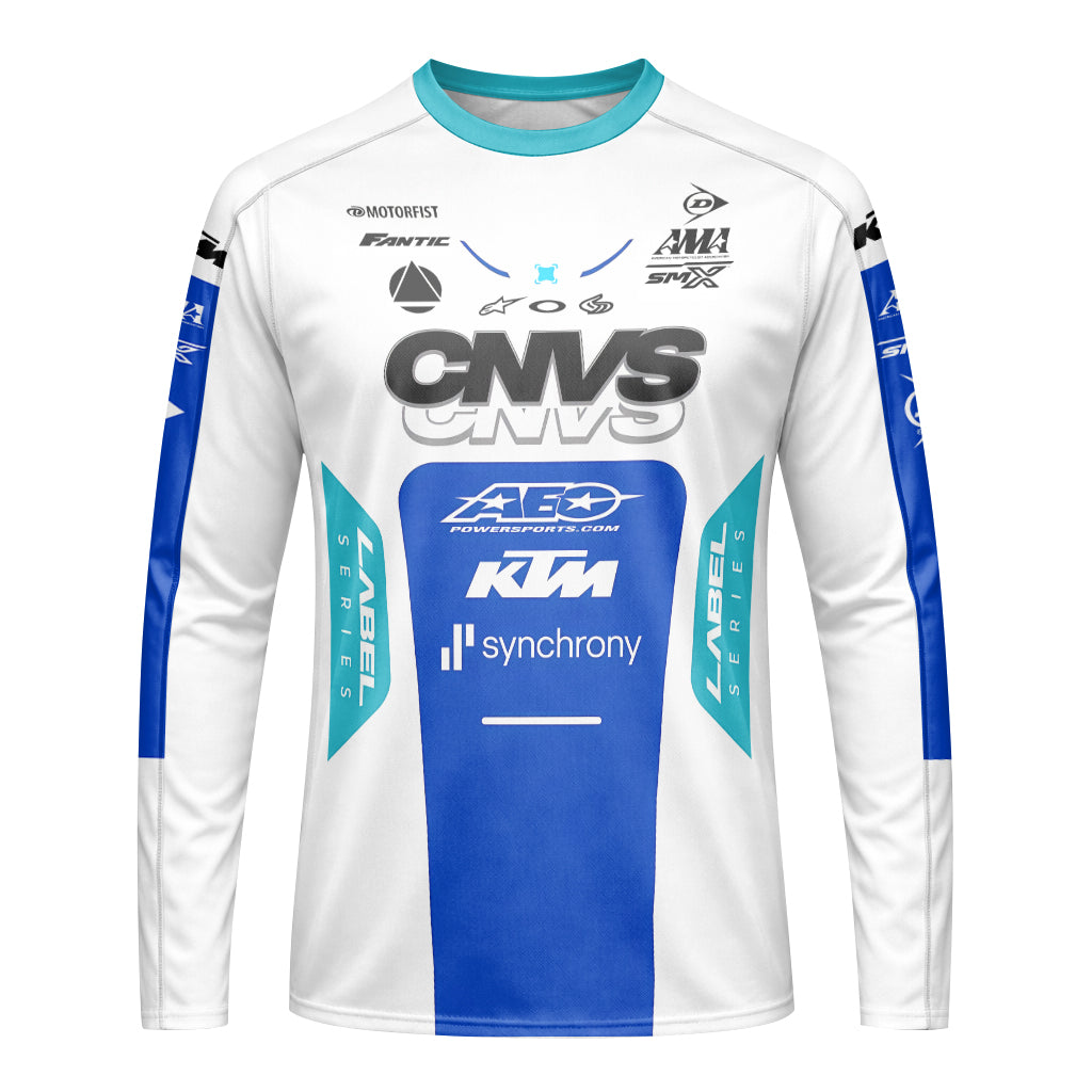 CNVS KTM 53 White Blue Factory Racing Long Sleeve Motocross Jersey – Front View Mockup