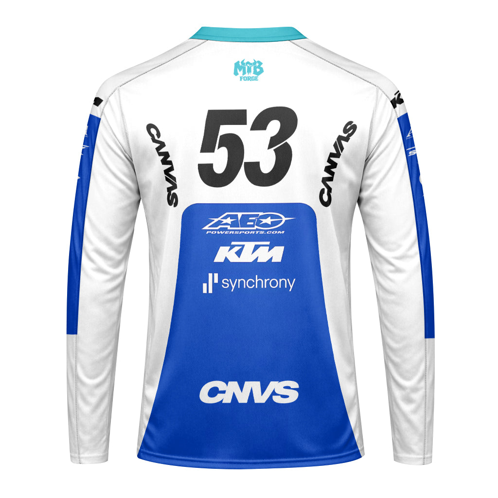 CNVS KTM 53 White Blue Factory Racing Long Sleeve Motocross Jersey – Back View Mockup