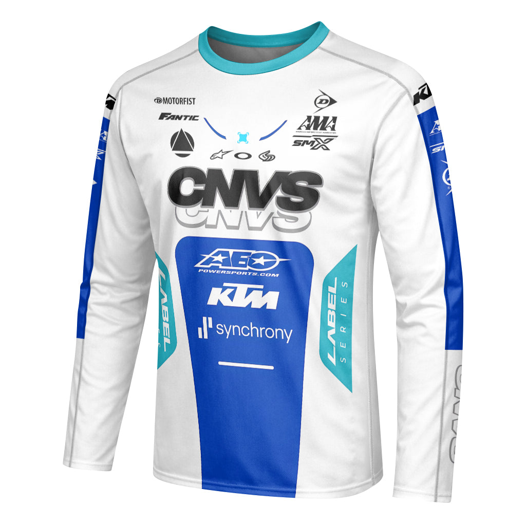 CNVS KTM 53 White Blue Factory Racing Long Sleeve Motocross Jersey – Left Side View Mockup