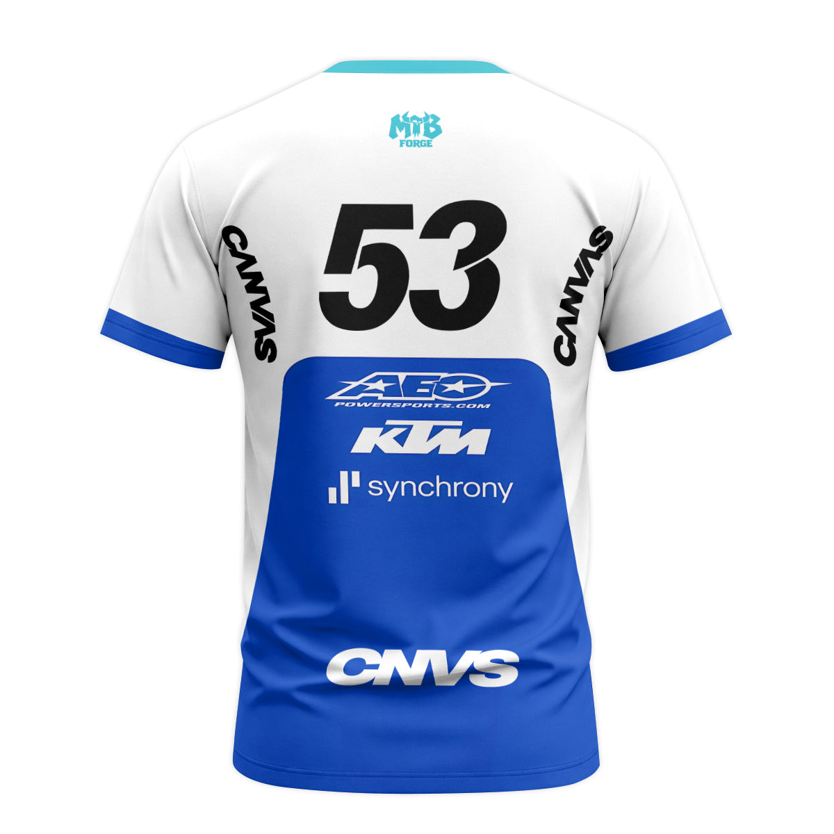 CNVS KTM 53 White Blue Factory Racing Short Sleeve Motocross Jersey – Back View Mockup