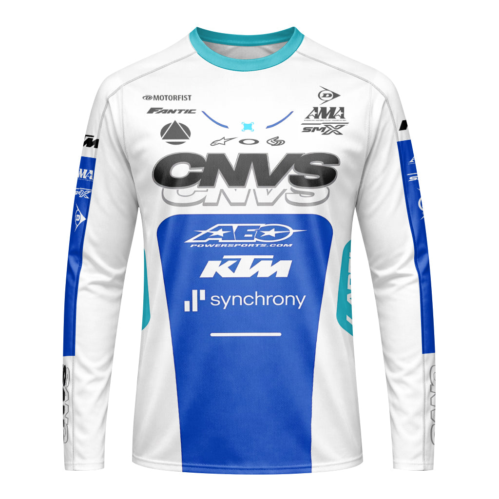 CNVS KTM 53 White Blue Factory Racing Youth Long Sleeve Motocross Jersey – Front View Mockup