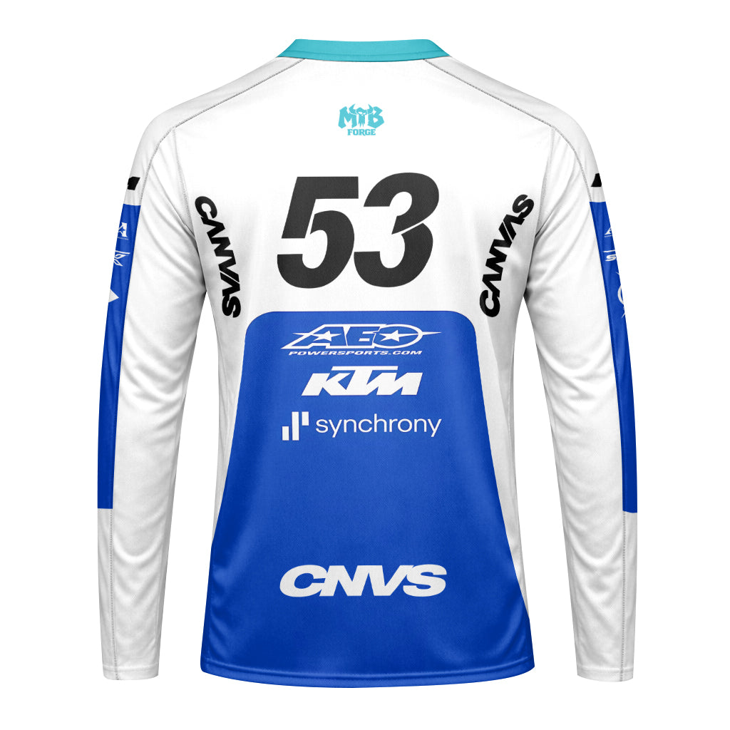 CNVS KTM 53 White Blue Factory Racing Youth Long Sleeve Motocross Jersey – Back View Mockup