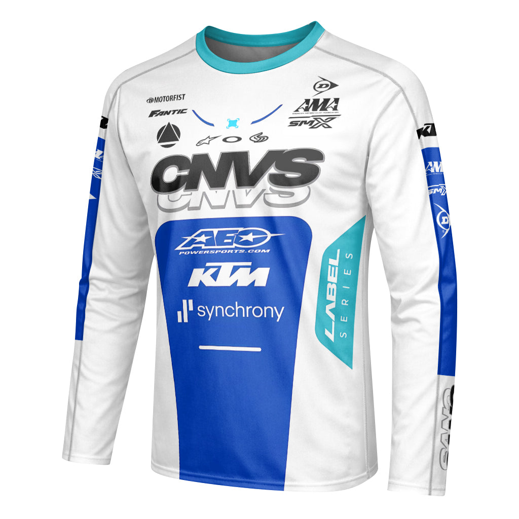 CNVS KTM 53 White Blue Factory Racing Youth Long Sleeve Motocross Jersey – Left Side View Mockup
