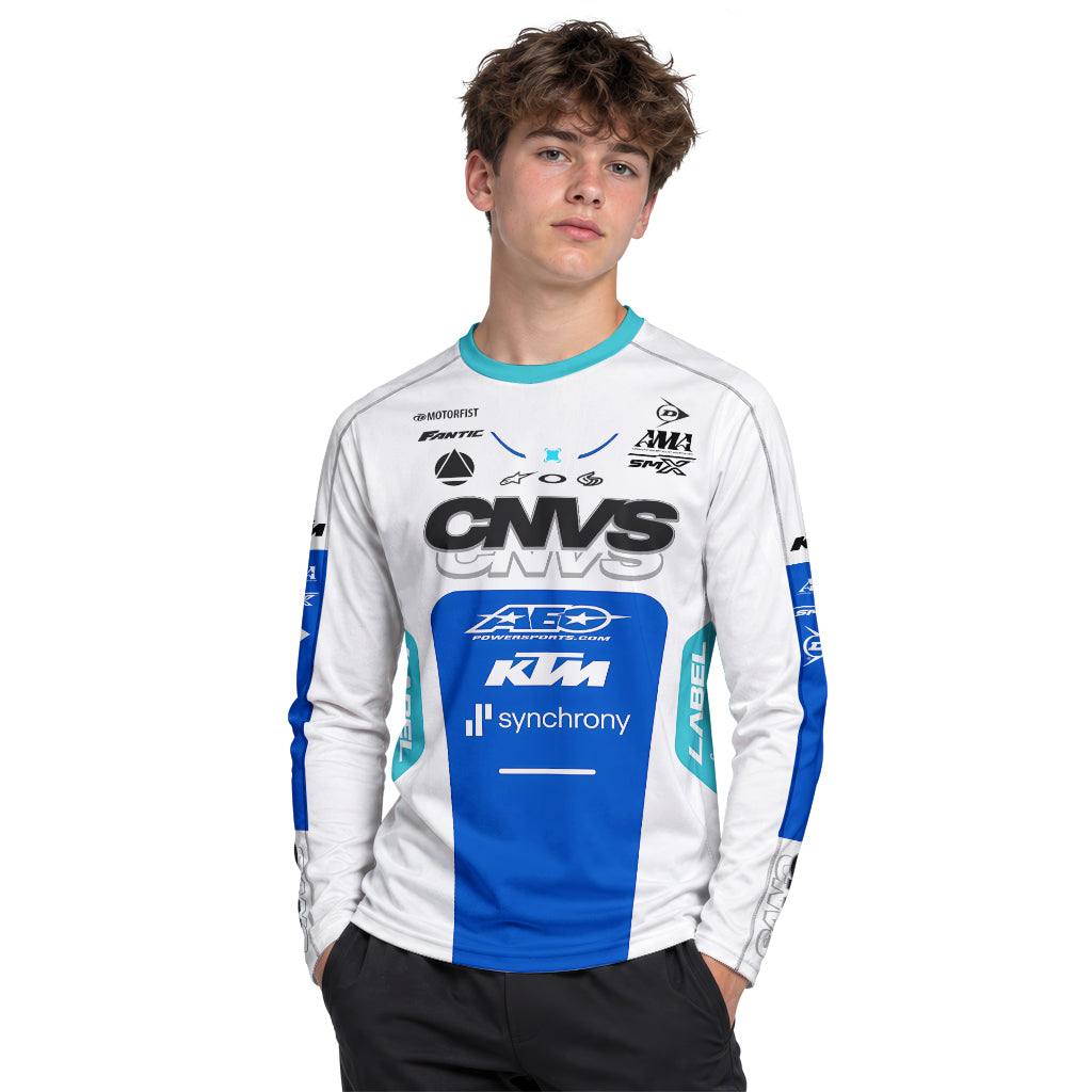 CNVS KTM 53 White Blue Factory Racing Youth Long Sleeve Motocross Jersey – Boy Lifestyle View