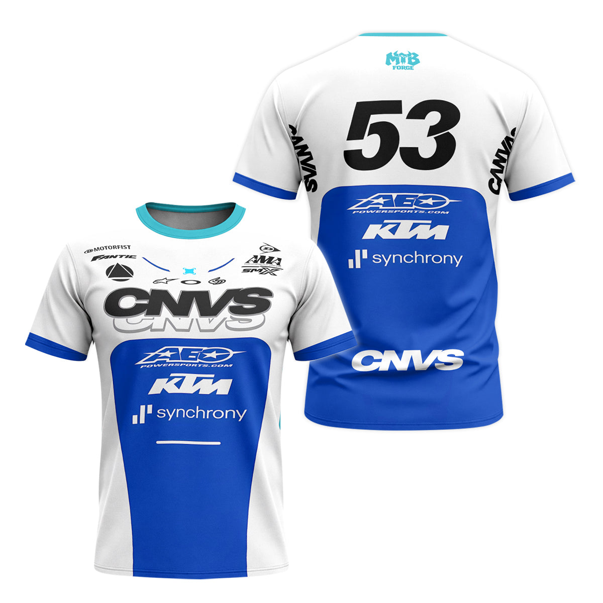 CNVS KTM 53 White Blue Factory Racing Youth Short Sleeve Motocross Jersey – Front and Back View