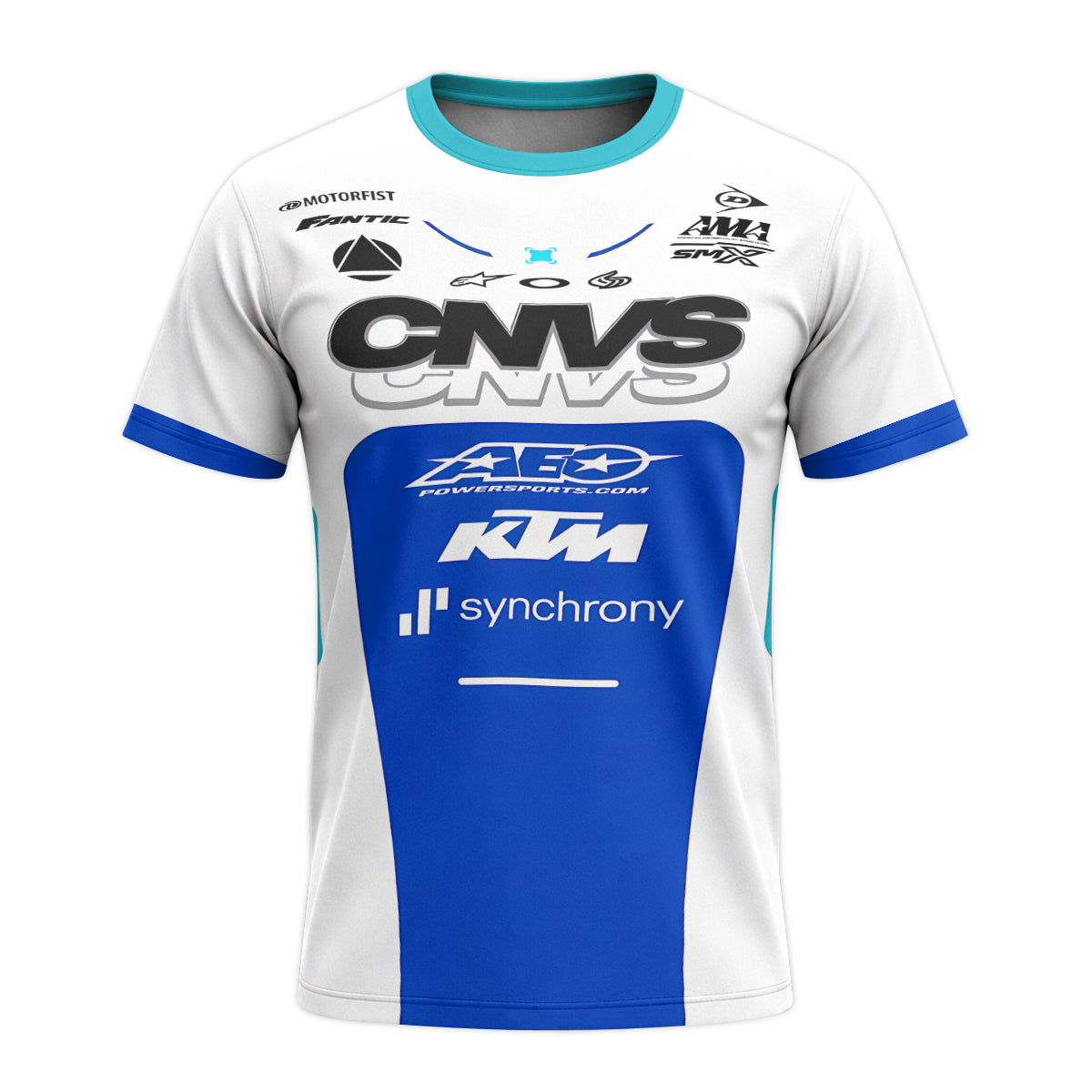CNVS KTM 53 White Blue Factory Racing Youth Short Sleeve Motocross Jersey – Front View Mockup