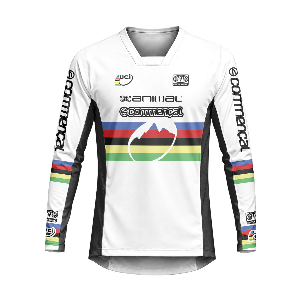 Commencal Animal UCI Rainbow Stripes Downhill Heavyweight Long Sleeve Mountain Bike Jersey – Front View Mockup