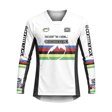 Commencal Animal UCI Rainbow Stripes Downhill Heavyweight Long Sleeve Mountain Bike Jersey – Front View Mockup