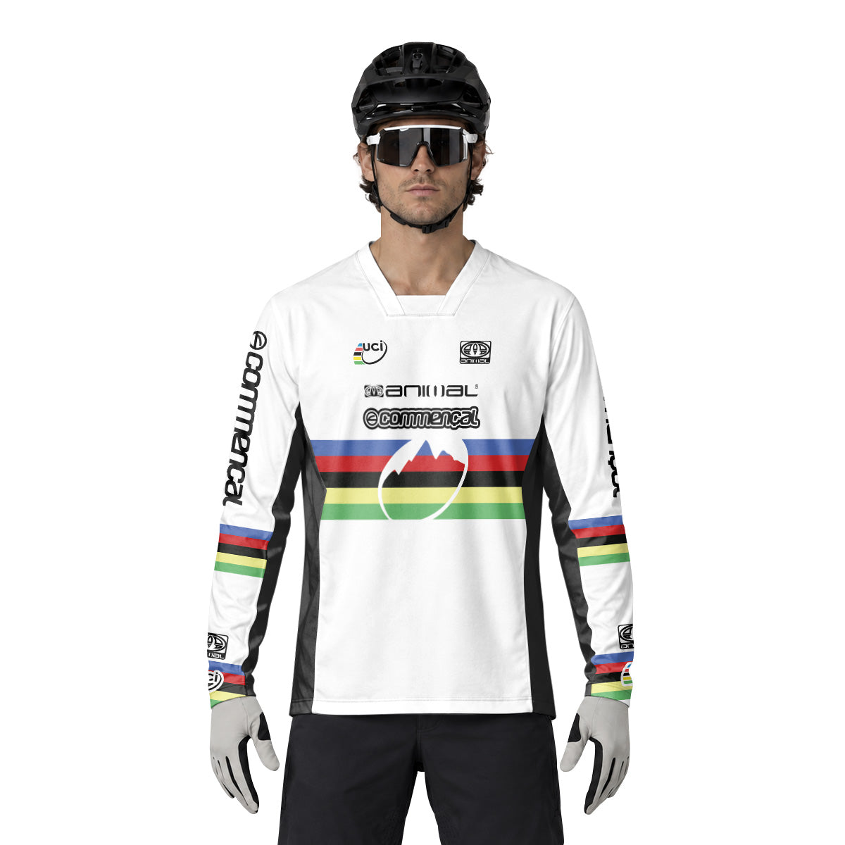 Commencal Animal UCI Rainbow Stripes Downhill Heavyweight Long Sleeve Mountain Bike Jersey – Lifestyle View