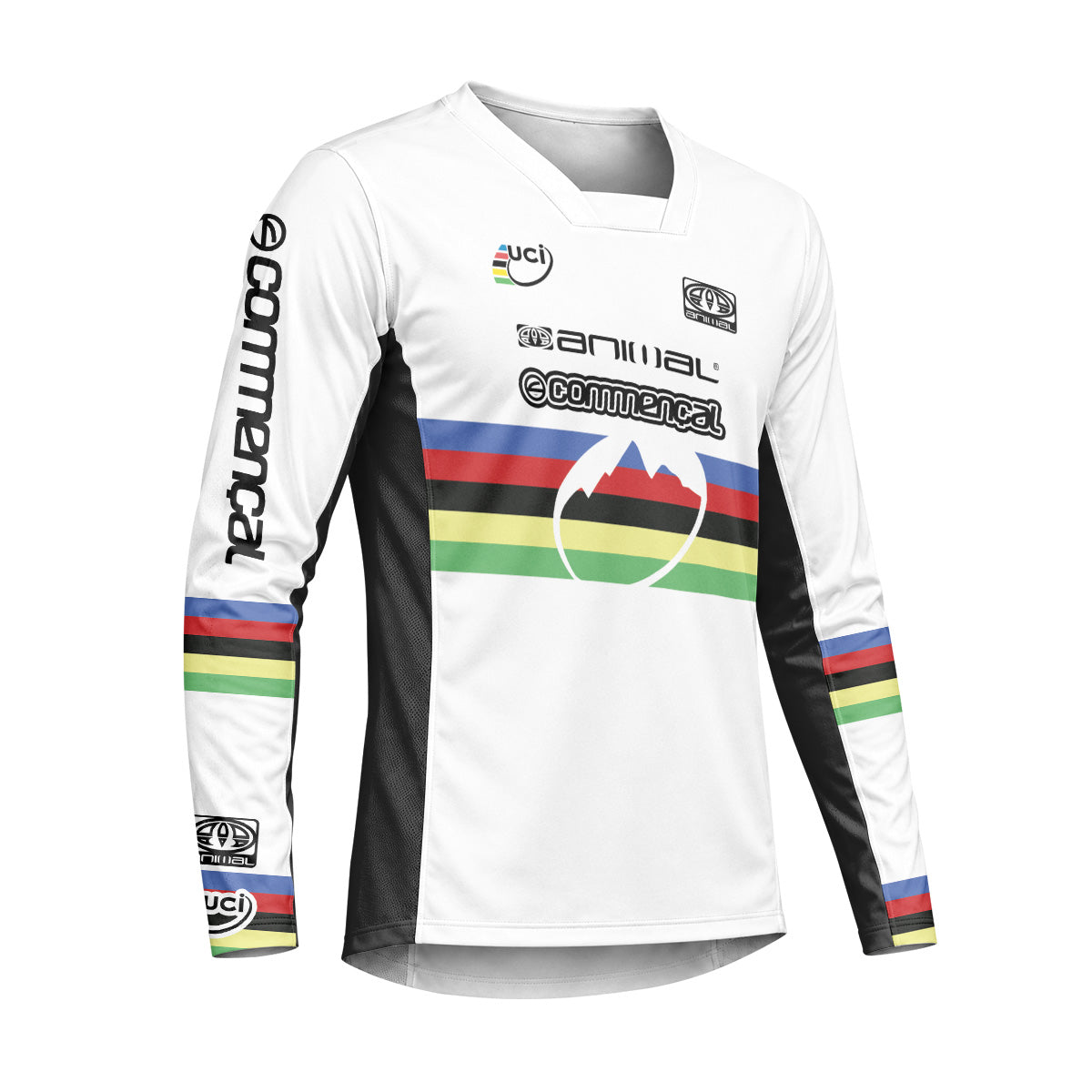 Commencal Animal UCI Rainbow Stripes Downhill Heavyweight Long Sleeve Mountain Bike Jersey – Right Side View Mockup