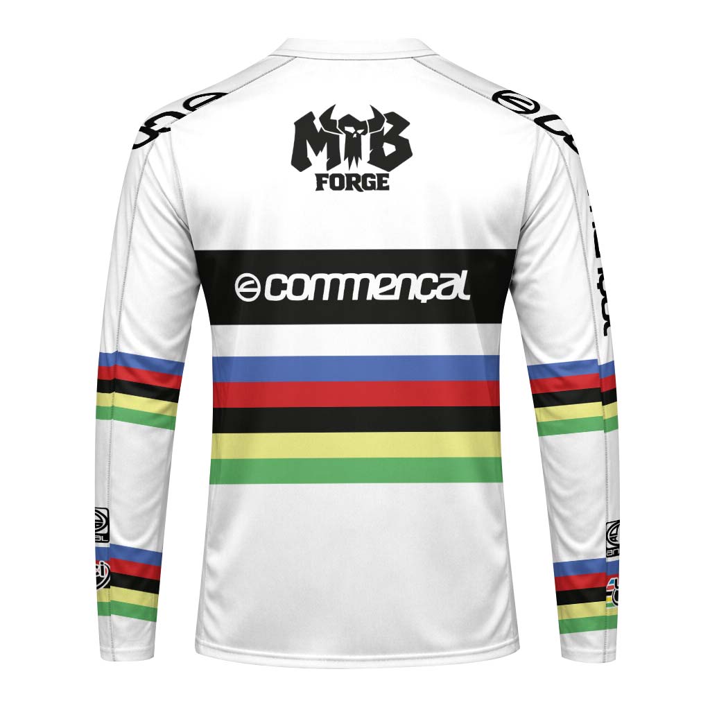 Commencal Animal UCI Rainbow Stripes Downhill Long Sleeve Mountain Bike Jersey – Back View Mockup