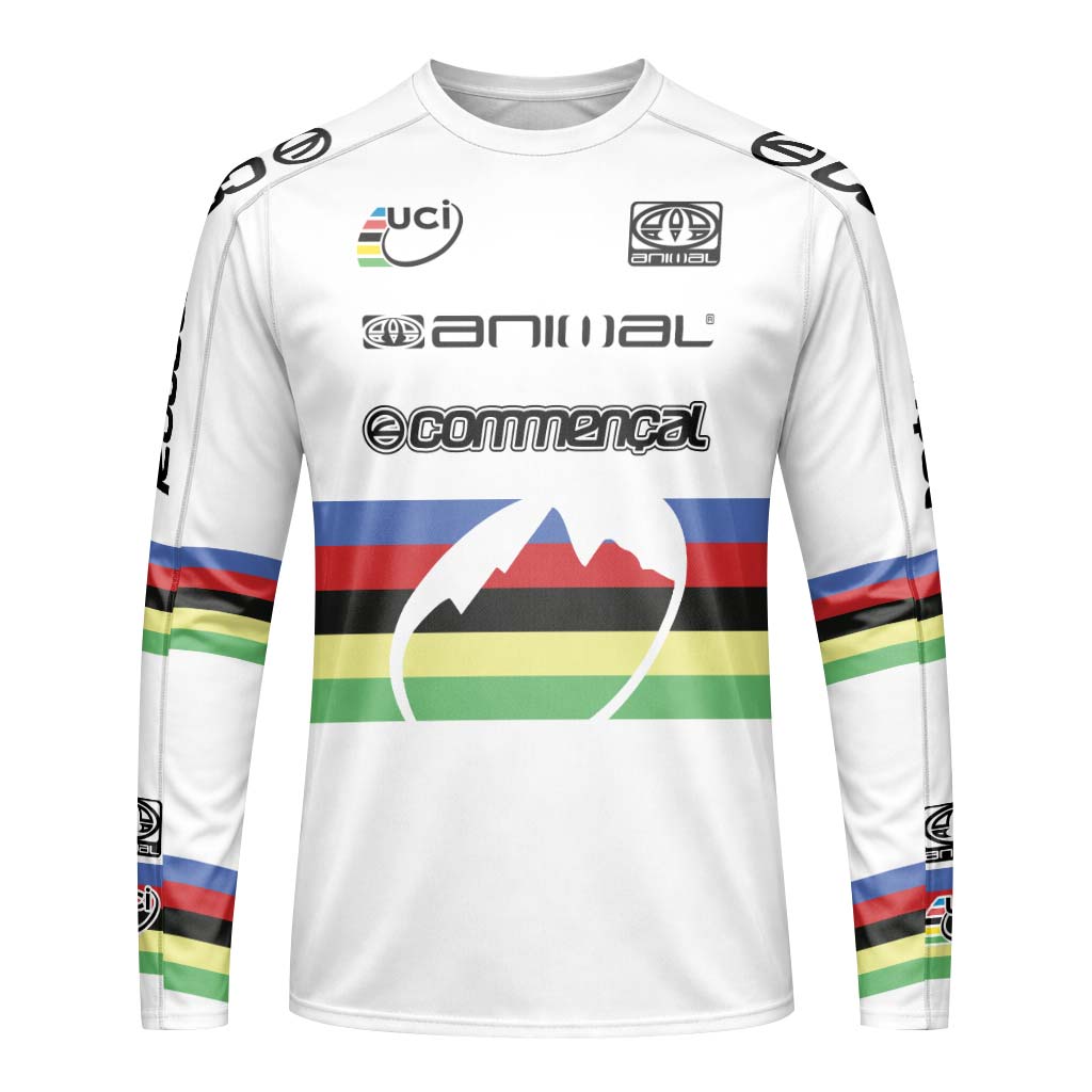 Commencal Animal UCI Rainbow Stripes Downhill Long Sleeve Mountain Bike Jersey – Front View Mockup