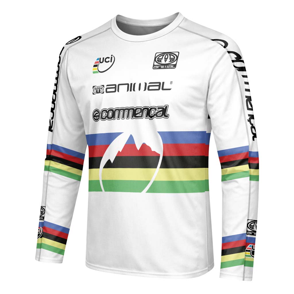 Commencal Animal UCI Rainbow Stripes Downhill Long Sleeve Mountain Bike Jersey – Left Side View Mockup
