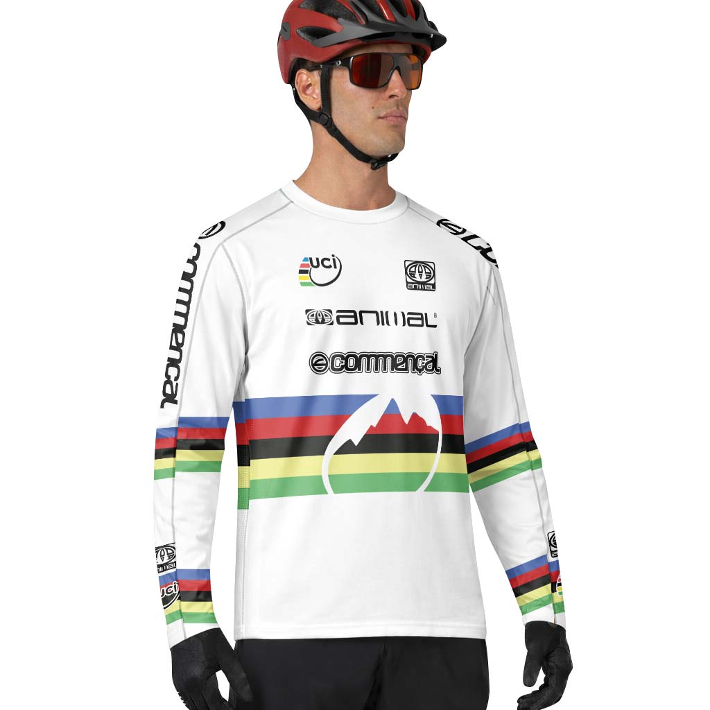 Commencal Animal UCI Rainbow Stripes Downhill Long Sleeve Mountain Bike Jersey – Lifestyle View