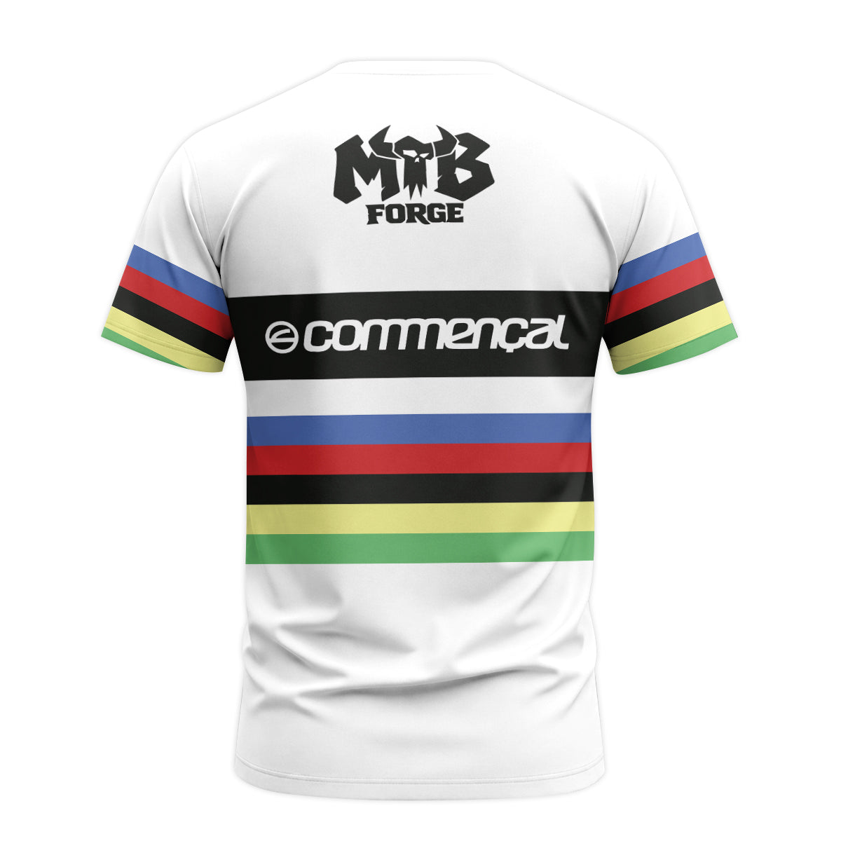 Commencal Animal UCI Rainbow Stripes Downhill Short Sleeve Mountain Bike Jersey – Back View Mockup