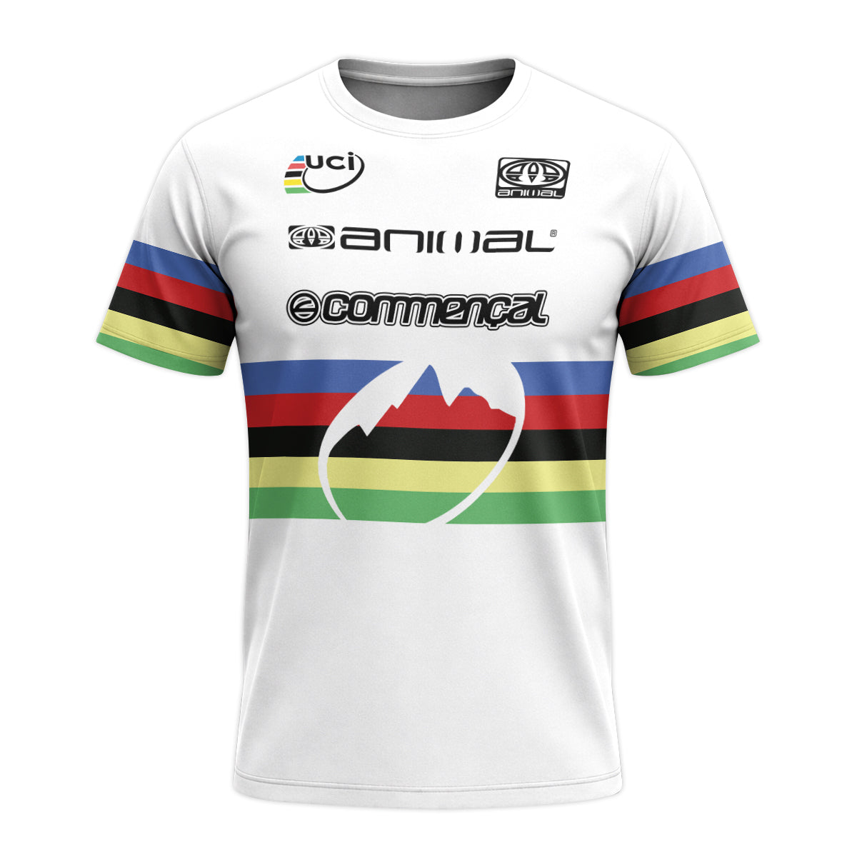 Commencal Animal UCI Rainbow Stripes Downhill Short Sleeve Mountain Bike Jersey – Front View Mockup