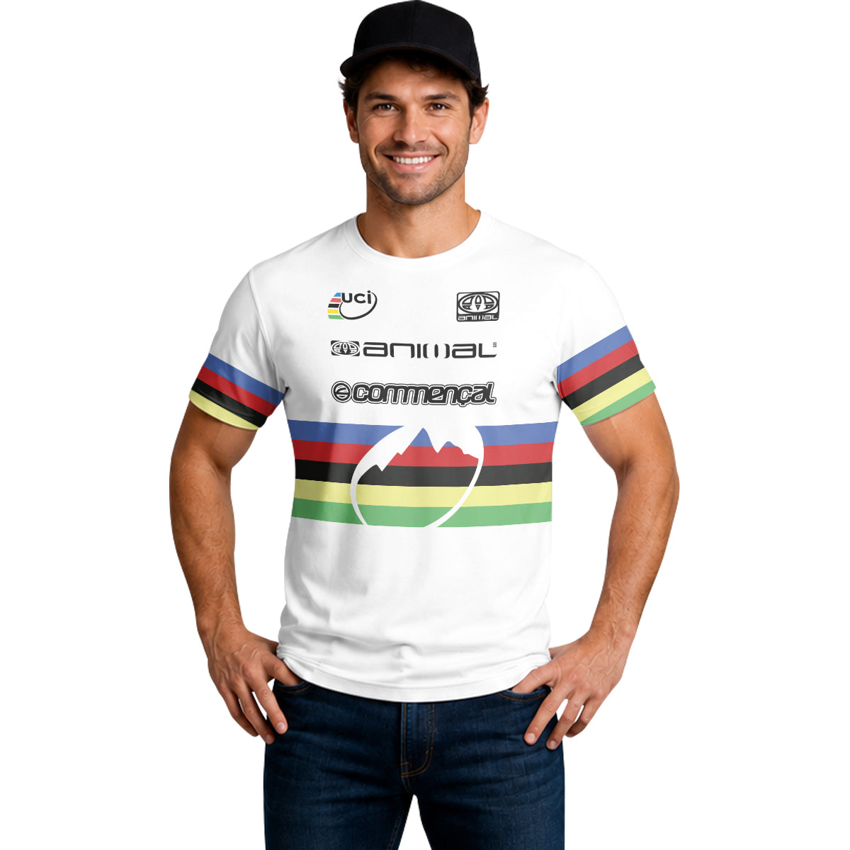 Commencal Animal UCI Rainbow Stripes Downhill Short Sleeve Mountain Bike Jersey – Lifestyle View