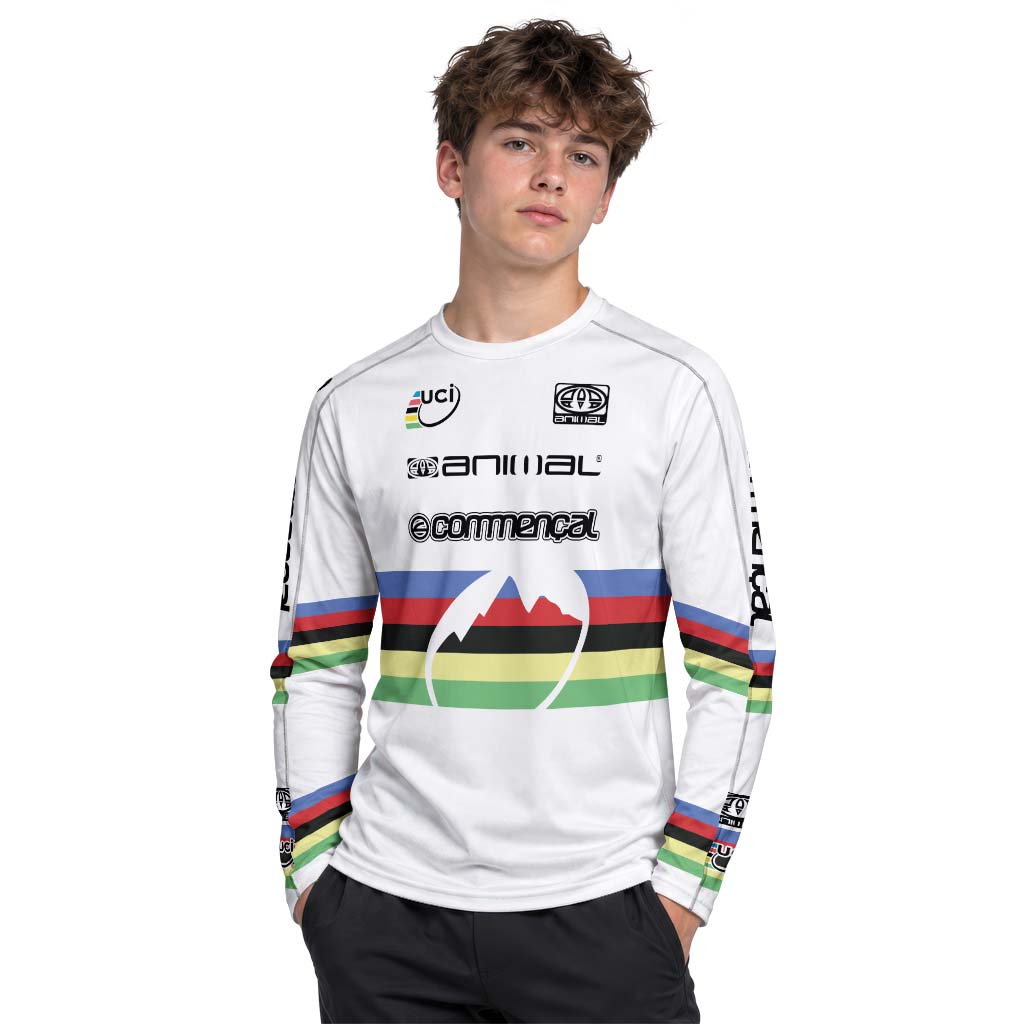 Commencal Animal UCI Rainbow Stripes Downhill Youth Long Sleeve Mountain Bike Jersey – Boy Lifestyle View