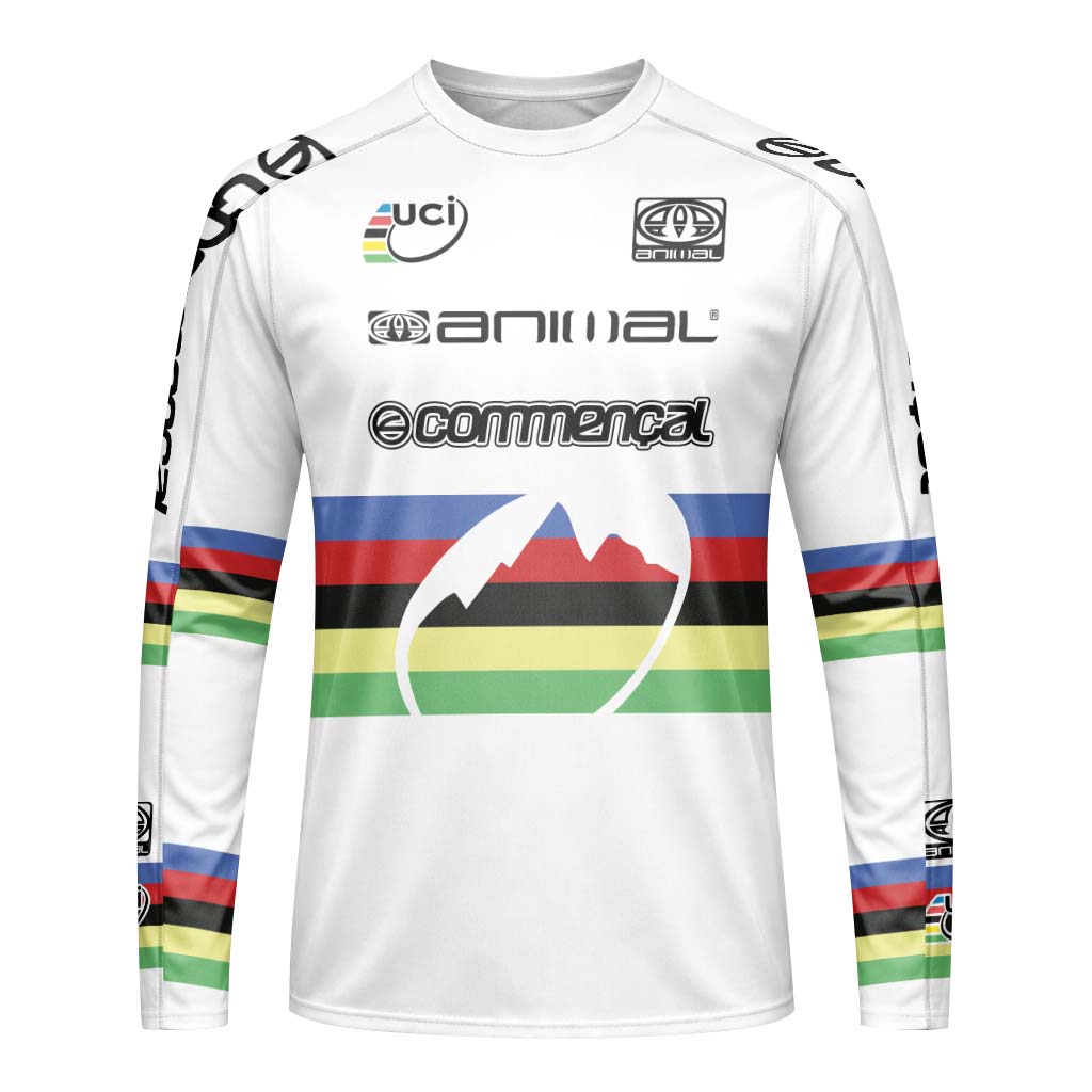 Commencal Animal UCI Rainbow Stripes Downhill Youth Long Sleeve Mountain Bike Jersey – Front View Mockup