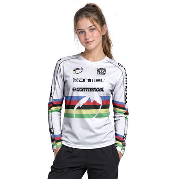 Commencal Animal UCI Rainbow Stripes Downhill Youth Long Sleeve Mountain Bike Jersey – Girl Lifestyle View