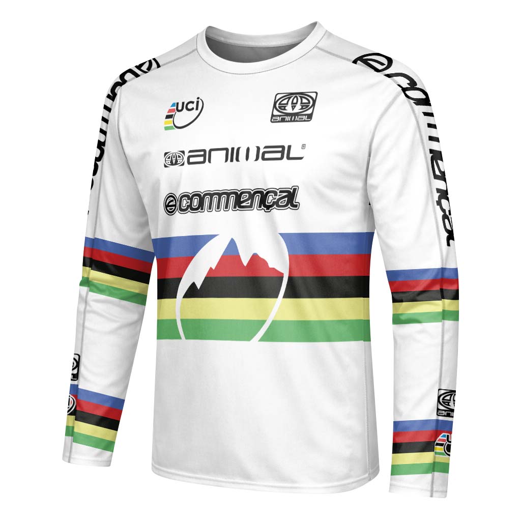 Commencal Animal UCI Rainbow Stripes Downhill Youth Long Sleeve Mountain Bike Jersey – Left Side View Mockup
