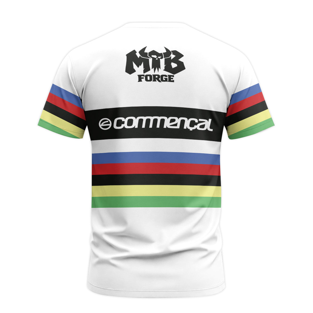 Commencal Animal UCI Rainbow Stripes Downhill Youth Short Sleeve Mountain Bike Jersey – Back View Mockup