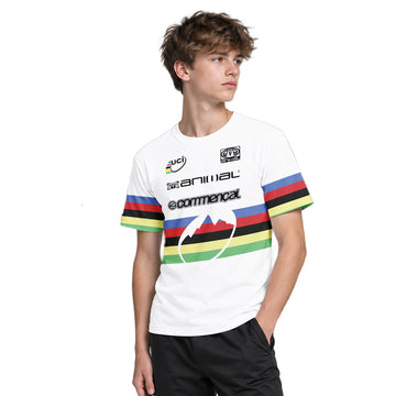 Commencal Animal UCI Rainbow Stripes Downhill Youth Short Sleeve Mountain Bike Jersey – Boy Lifestyle View
