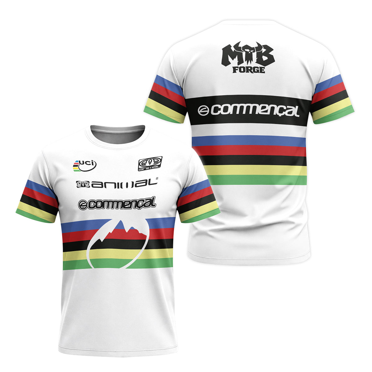 Commencal Animal UCI Rainbow Stripes Downhill Youth Short Sleeve Mountain Bike Jersey – Front and Back View