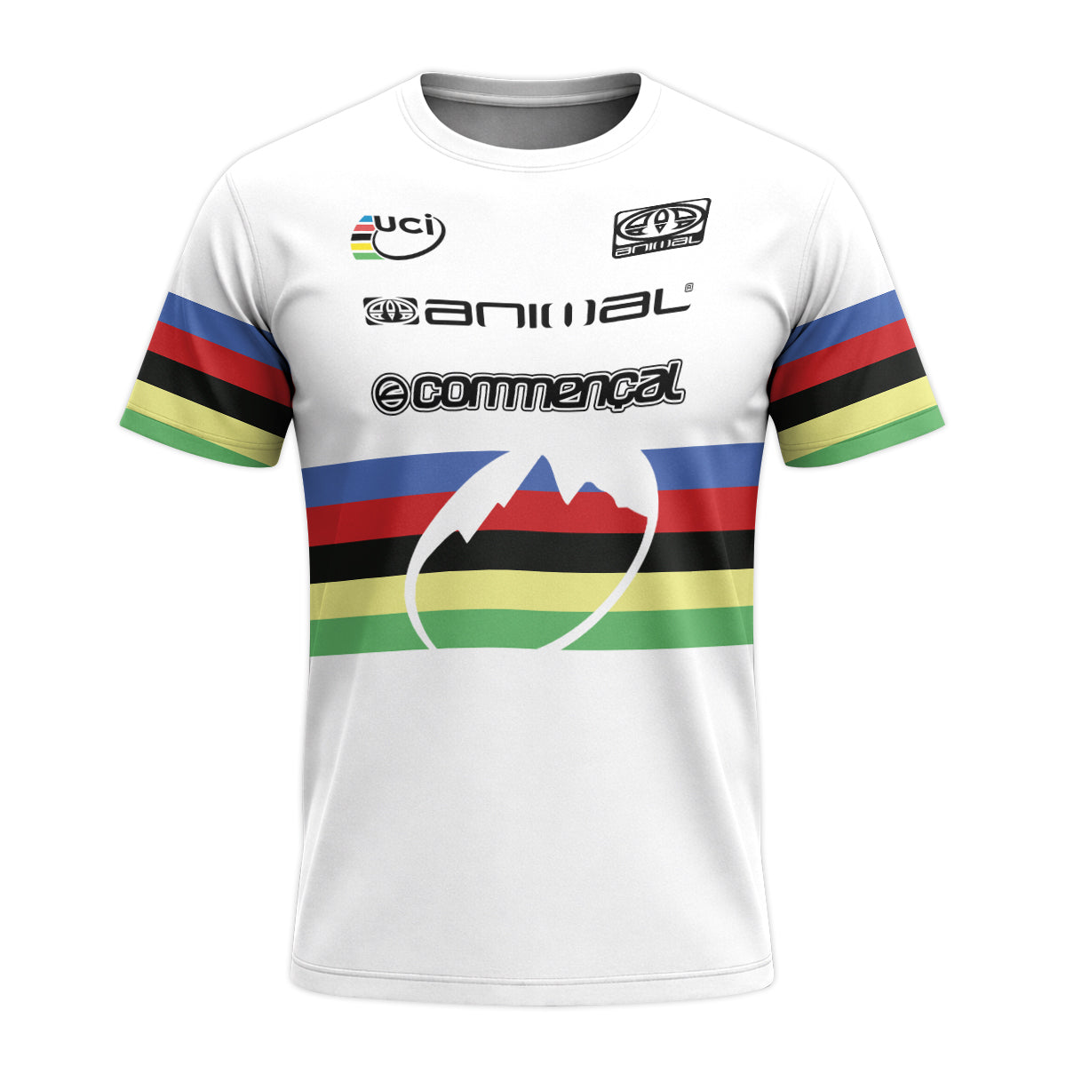 Commencal Animal UCI Rainbow Stripes Downhill Youth Short Sleeve Mountain Bike Jersey – Front View Mockup