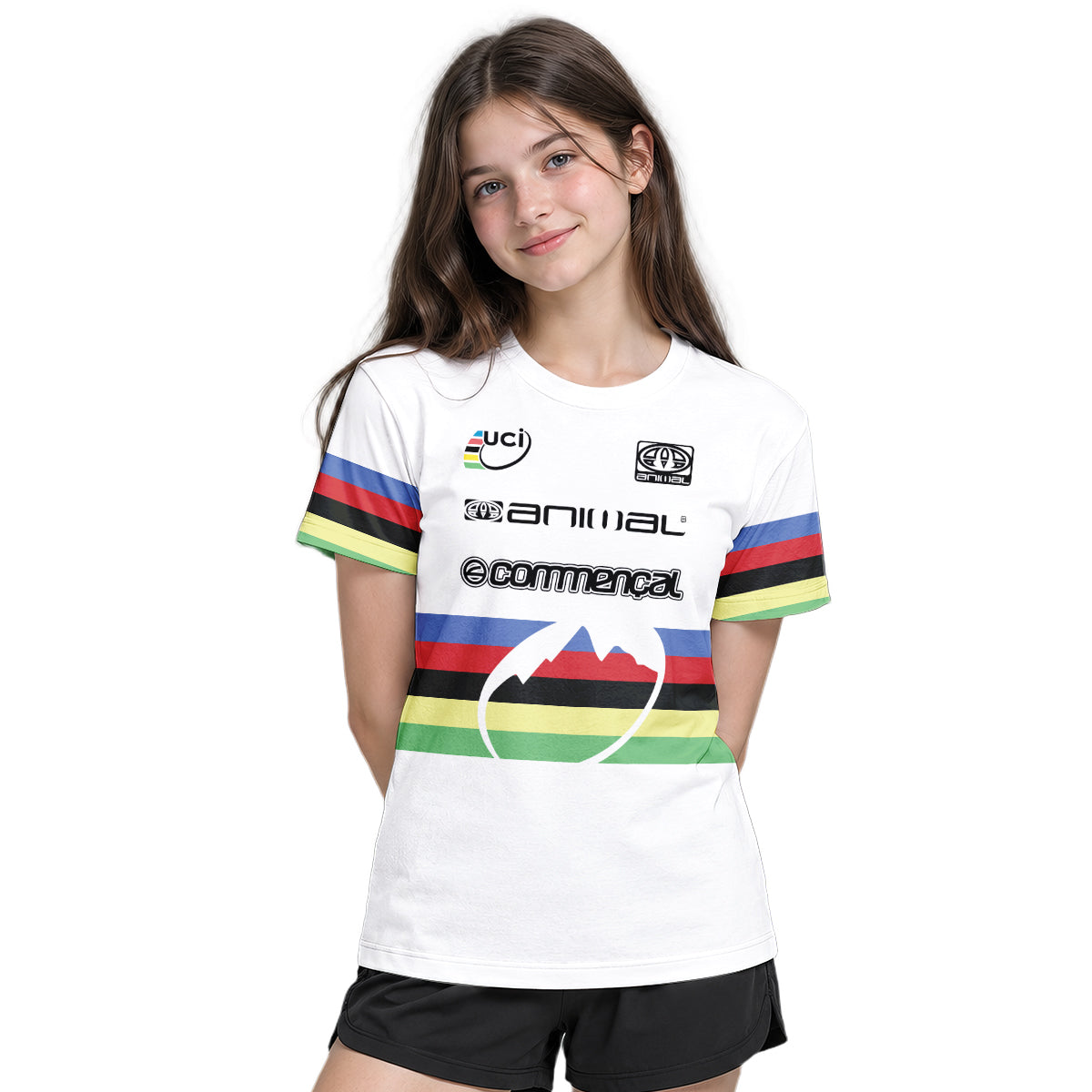 Commencal Animal UCI Rainbow Stripes Downhill Youth Short Sleeve Mountain Bike Jersey – Girl Lifestyle View