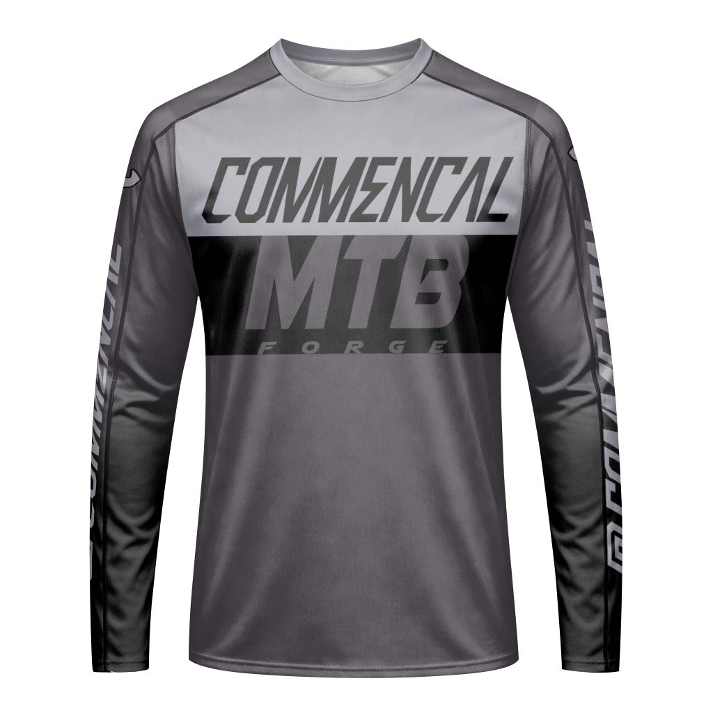Commencal MTB Forge Gray Black Youth Long Sleeve Mountain Bike Jersey – Front View Mockup