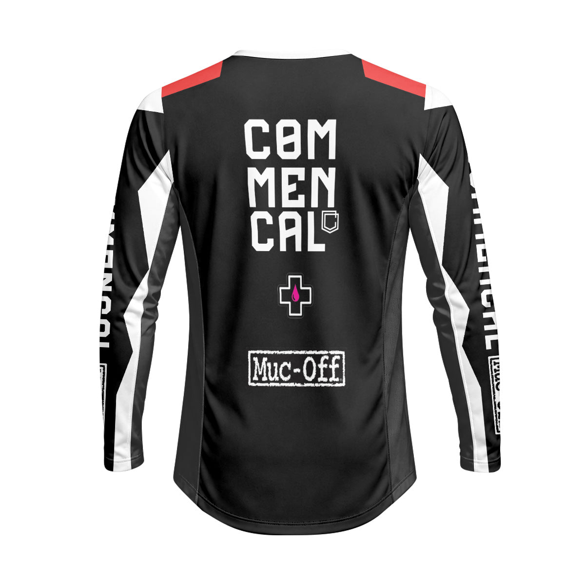 Commencal Muc-Off Black Red Downhill Heavyweight Long Sleeve Mountain Bike Jersey – Back View Mockup