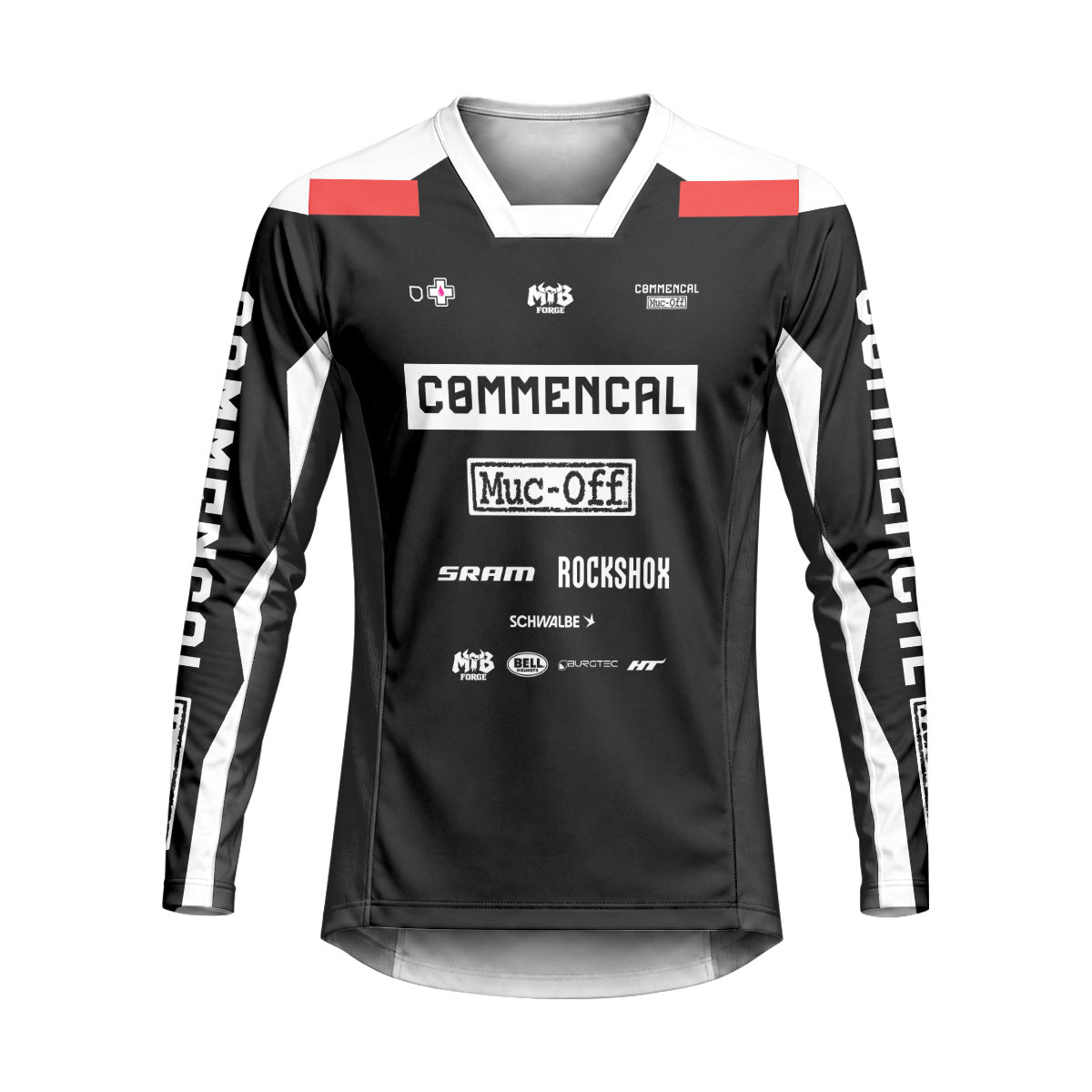 Commencal Muc-Off Black Red Downhill Heavyweight Long Sleeve Mountain Bike Jersey – Front View Mockup