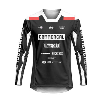 Commencal Muc-Off Black Red Downhill Heavyweight Long Sleeve Mountain Bike Jersey – Front View Mockup