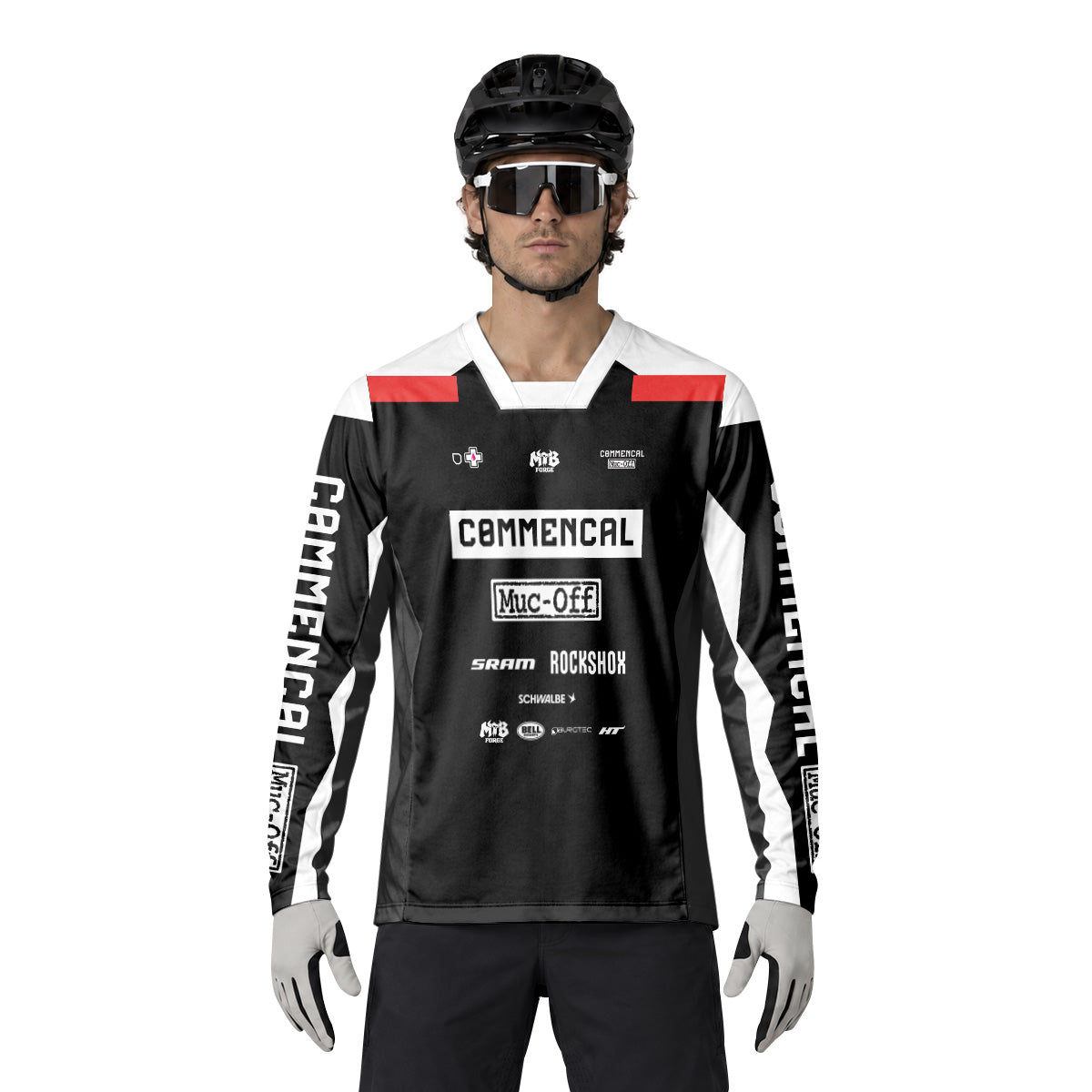 Commencal Muc-Off Black Red Downhill Heavyweight Long Sleeve Mountain Bike Jersey – Lifestyle View