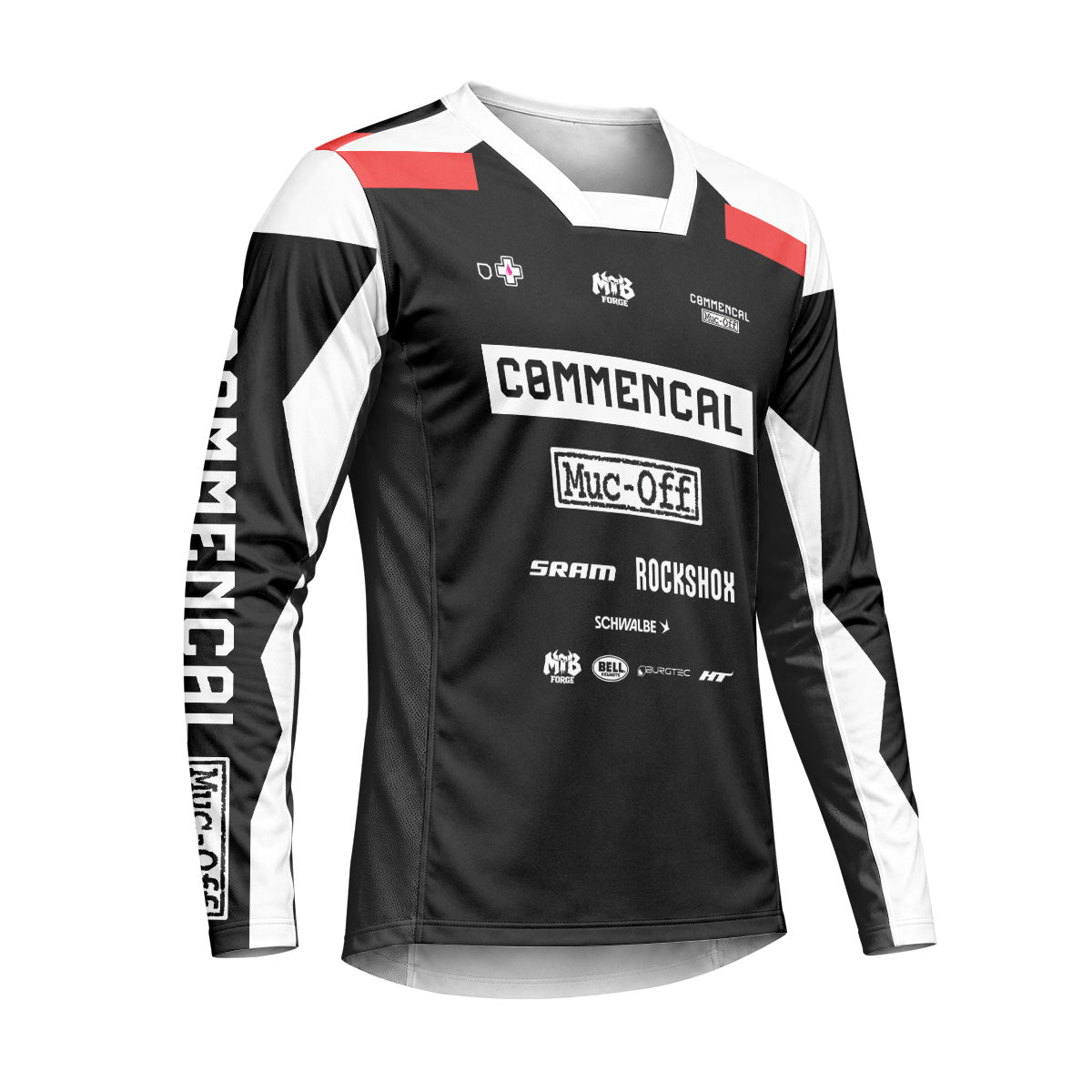Commencal Muc-Off Black Red Downhill Heavyweight Long Sleeve Mountain Bike Jersey – Right Side View Mockup
