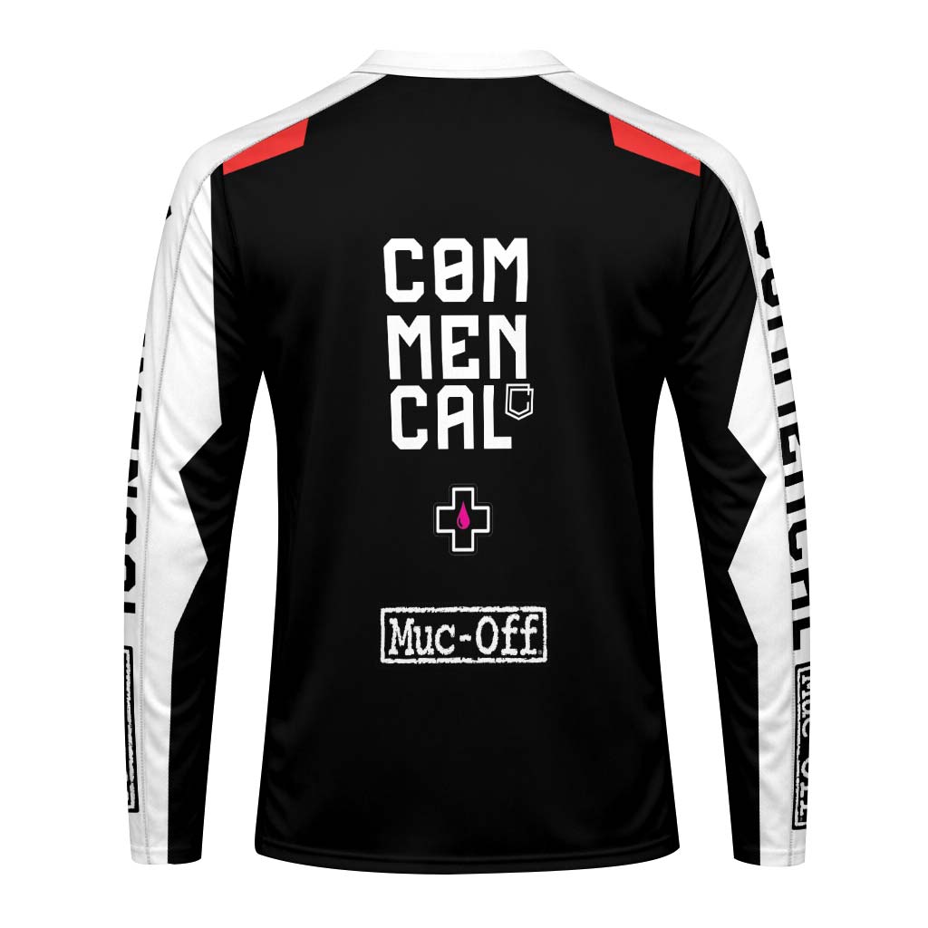 Commencal Muc-Off Black Red Downhill Long Sleeve Mountain Bike Jersey – Back View Mockup