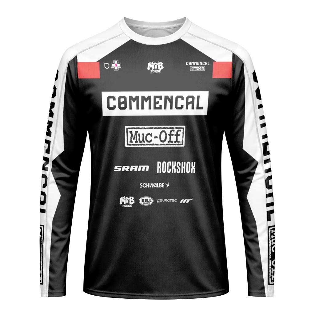 Commencal Muc-Off Black Red Downhill Long Sleeve Mountain Bike Jersey – Front View Mockup