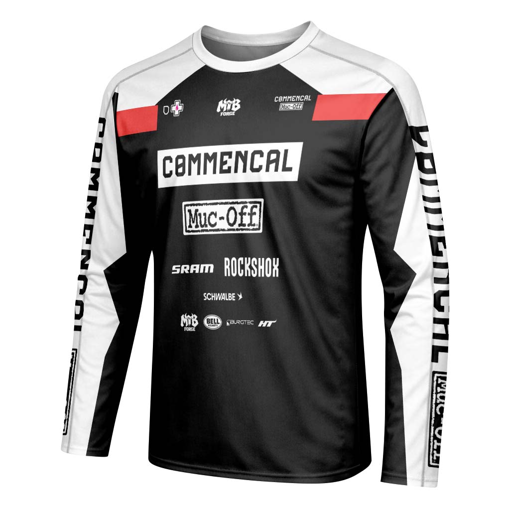 Commencal Muc-Off Black Red Downhill Long Sleeve Mountain Bike Jersey – Left Side View Mockup