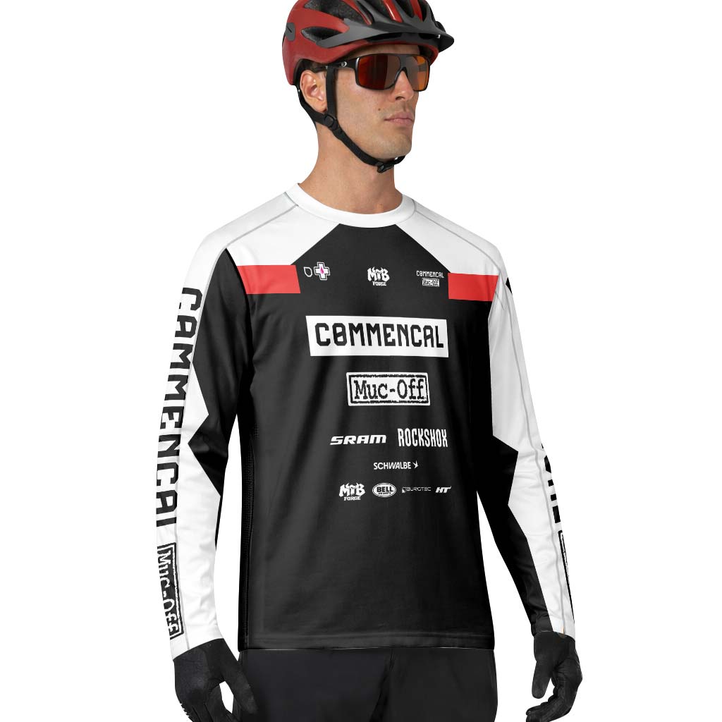 Commencal Muc-Off Black Red Downhill Long Sleeve Mountain Bike Jersey – Lifestyle View