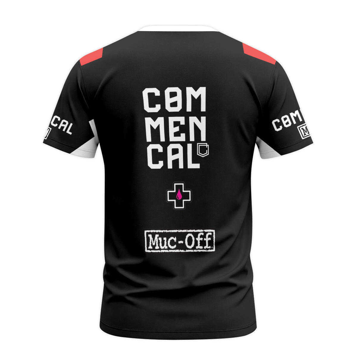 Commencal Muc-Off Black Red Downhill Short Sleeve Mountain Bike Jersey – Back View Mockup