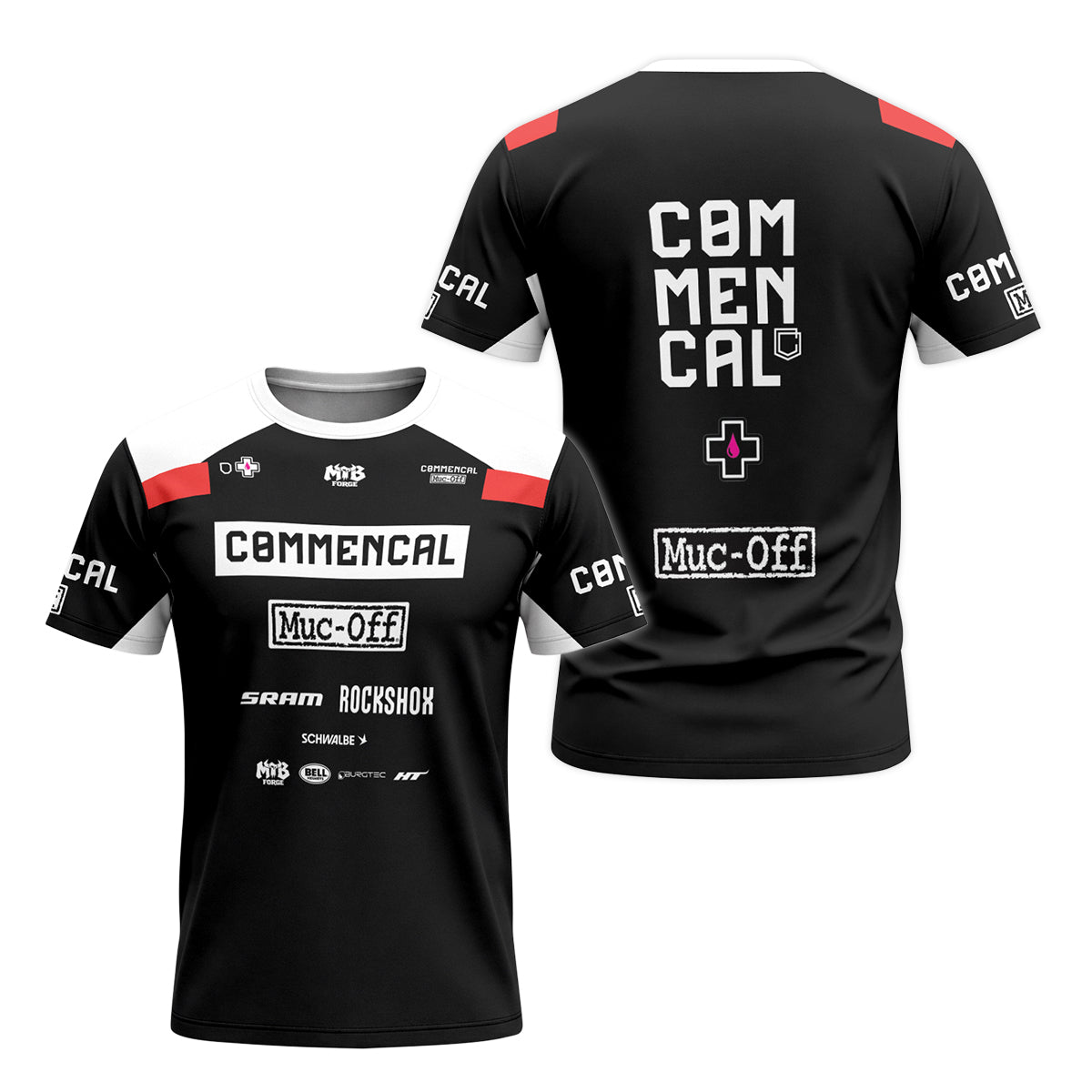 Commencal Muc-Off Black Red Downhill Short Sleeve Mountain Bike Jersey – Front and Back View