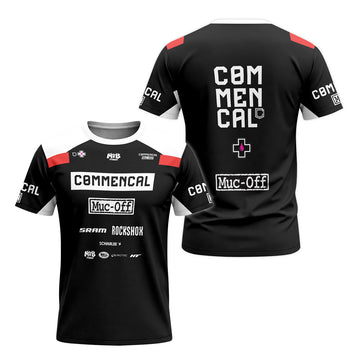 Commencal Muc-Off Black Red Downhill Short Sleeve Mountain Bike Jersey – Front and Back View